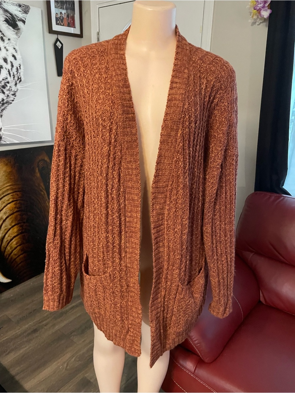 SO Cozy Open-Front Rust Knit Cardigan Sweater coat top Large fall professional